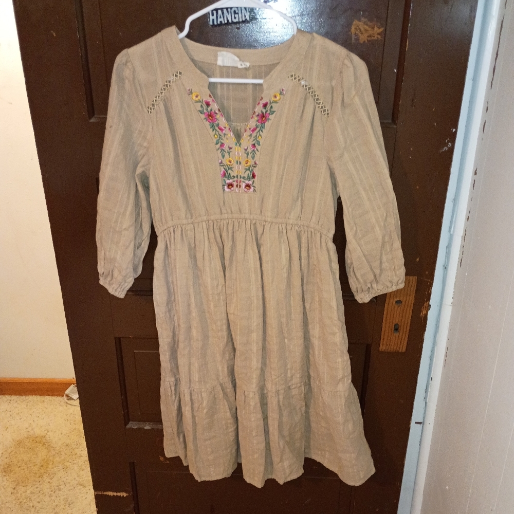 EUC Just Found Tan Long Sleeve Embroidered Bohemian Dress M